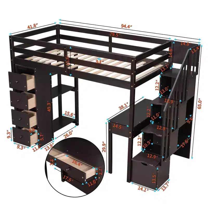 Lit mezzanine double avec bureau et escalier, lit mezzanine haut en bois avec tiroirs et étagères pour enfants et adolescents