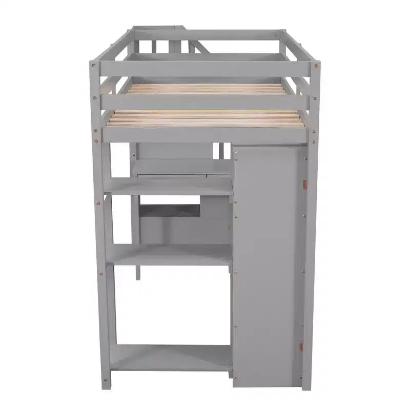 Lit mezzanine double avec bureau et escalier, lit mezzanine haut en bois avec tiroirs et étagères pour enfants et adolescents