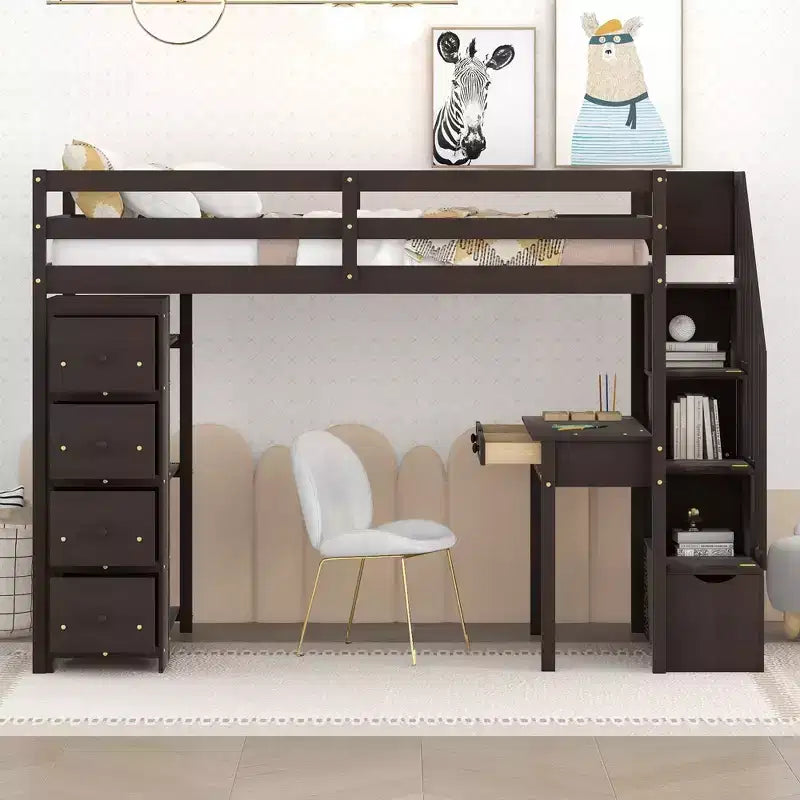 Lit mezzanine double avec bureau et escalier, lit mezzanine haut en bois avec tiroirs et étagères pour enfants et adolescents