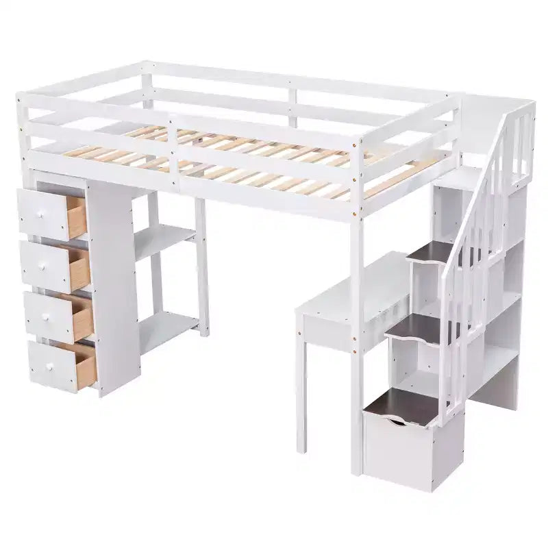 Lit mezzanine double avec bureau et escalier, lit mezzanine haut en bois avec tiroirs et étagères pour enfants et adolescents