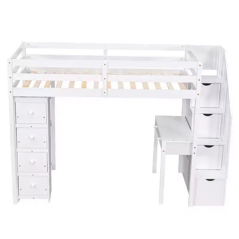 Lit mezzanine double avec bureau et escalier, lit mezzanine haut en bois avec tiroirs et étagères pour enfants et adolescents