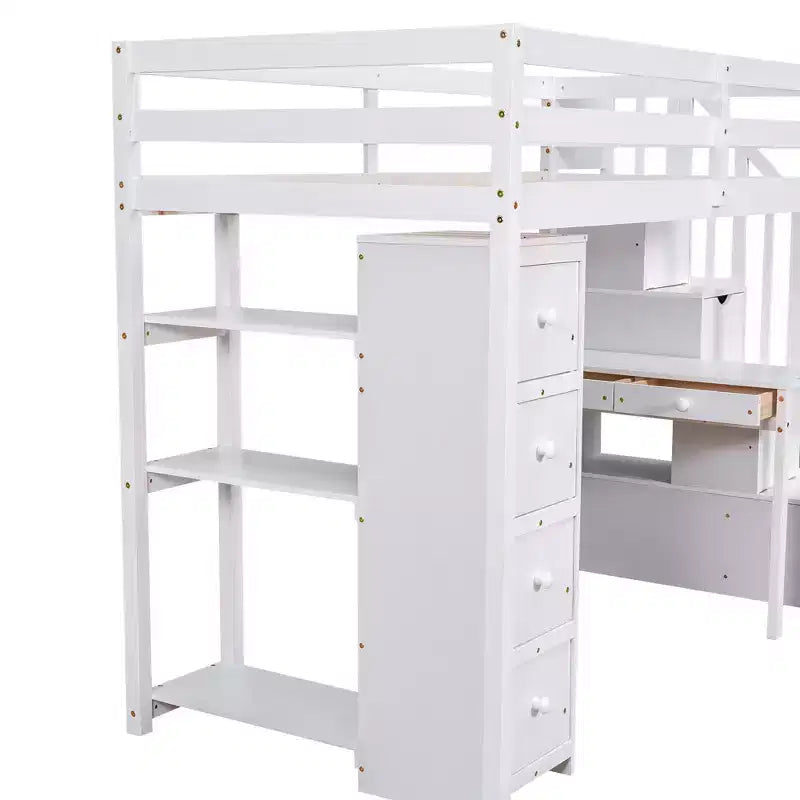 Lit mezzanine double avec bureau et escalier, lit mezzanine haut en bois avec tiroirs et étagères pour enfants et adolescents