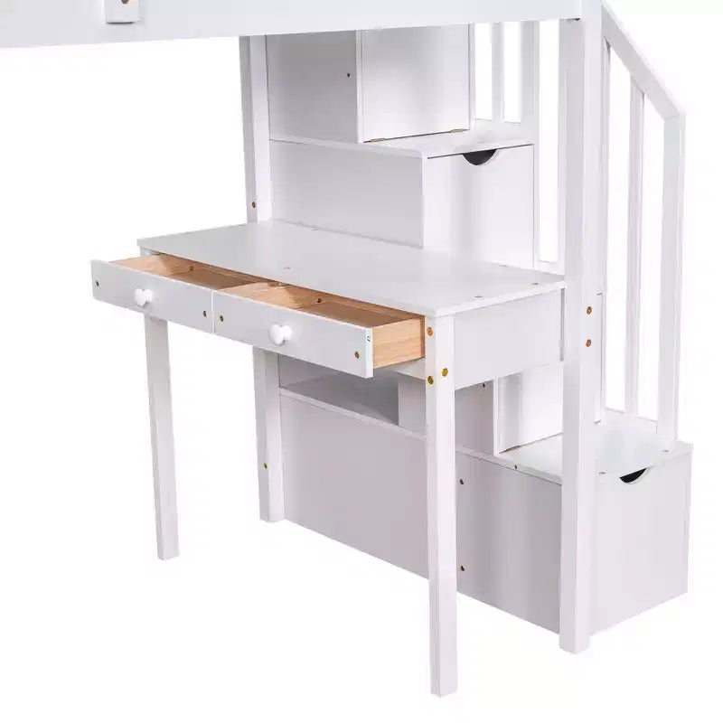Lit mezzanine double avec bureau et escalier, lit mezzanine haut en bois avec tiroirs et étagères pour enfants et adolescents