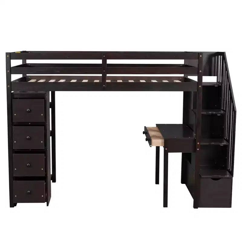 Lit mezzanine double avec bureau et escalier, lit mezzanine haut en bois avec tiroirs et étagères pour enfants et adolescents