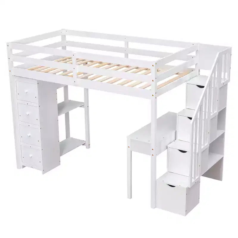 Lit mezzanine double avec bureau et escalier, lit mezzanine haut en bois avec tiroirs et étagères pour enfants et adolescents