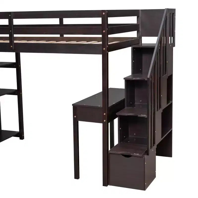 Lit mezzanine double avec bureau et escalier, lit mezzanine haut en bois avec tiroirs et étagères pour enfants et adolescents