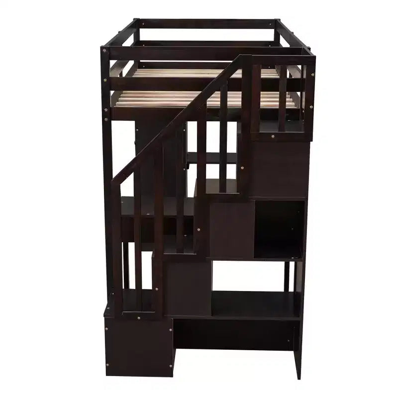 Lit mezzanine double avec bureau et escalier, lit mezzanine haut en bois avec tiroirs et étagères pour enfants et adolescents