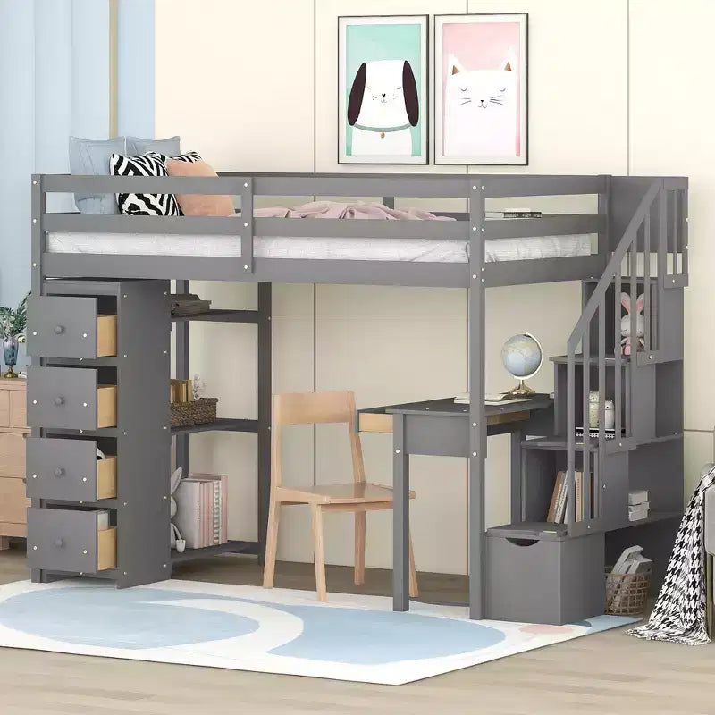 Lit mezzanine double avec bureau et escalier, lit mezzanine haut en bois avec tiroirs et étagères pour enfants et adolescents