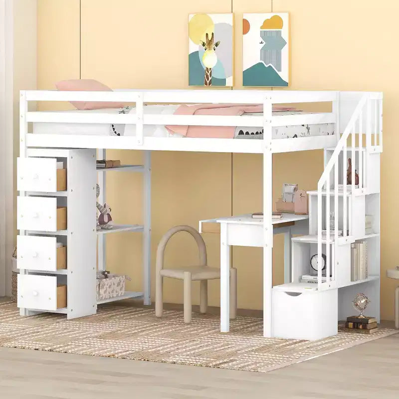 Lit mezzanine double avec bureau et escalier, lit mezzanine haut en bois avec tiroirs et étagères pour enfants et adolescents