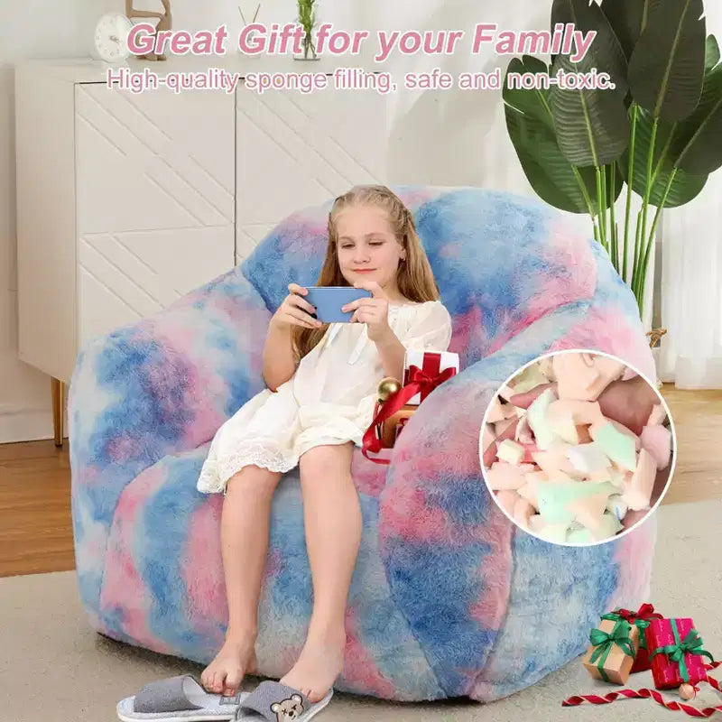 TROPOW Pouf géant, Fauteuil pouf en fausse fourrure pour enfants, Canapé pouf avec rembourrage, Canapé douillet, Fauteuil paresseux, Bleu