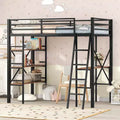 Twin Size Metal Loft Bed with Storage Shelves, Heavy-Duty Steel Loft Bed Frame w/Built-in Desk for Bedroom Dorm, Black