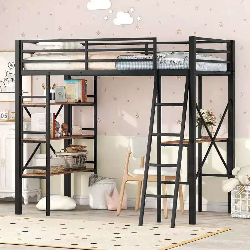 Twin Size Metal Loft Bed with Storage Shelves, Heavy-Duty Steel Loft Bed Frame w/Built-in Desk for Bedroom Dorm, Black