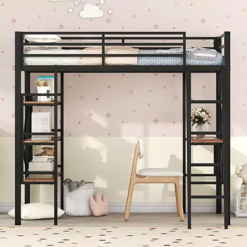 Lit mezzanine en métal de taille double avec étagères de rangement, cadre de lit mezzanine en acier robuste avec bureau intégré pour chambre à coucher ou dortoir, noir