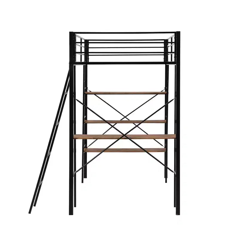 Lit mezzanine en métal de taille double avec étagères de rangement, cadre de lit mezzanine en acier robuste avec bureau intégré pour chambre à coucher ou dortoir, noir