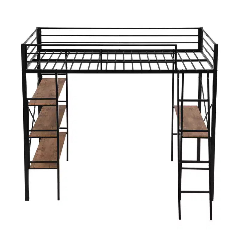 Lit mezzanine en métal de taille double avec étagères de rangement, cadre de lit mezzanine en acier robuste avec bureau intégré pour chambre à coucher ou dortoir, noir
