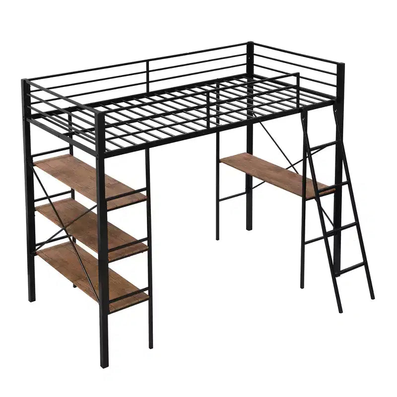 Lit mezzanine en métal de taille double avec étagères de rangement, cadre de lit mezzanine en acier robuste avec bureau intégré pour chambre à coucher ou dortoir, noir