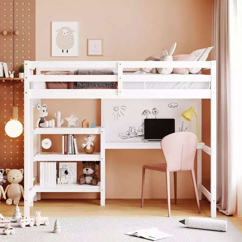 Lit mezzanine avec bureau et étagères, cadre de lit mezzanine en bois avec étagères de rangement et planche d'écriture