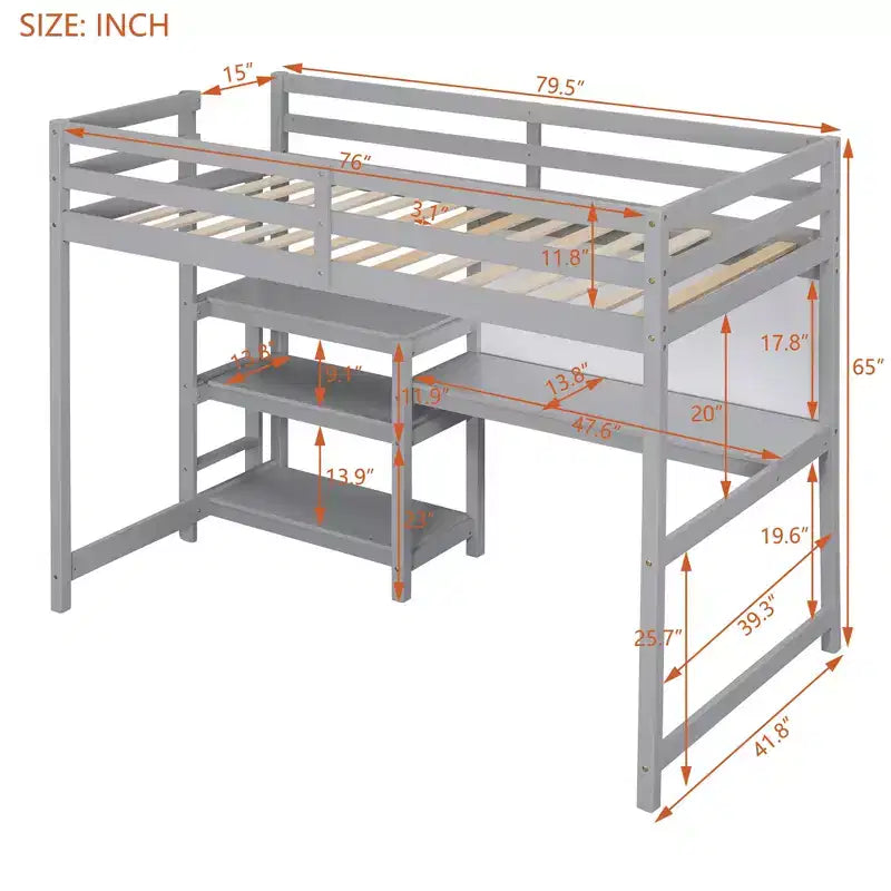 Lit mezzanine avec bureau et étagères, cadre de lit mezzanine en bois avec étagères de rangement et planche d'écriture