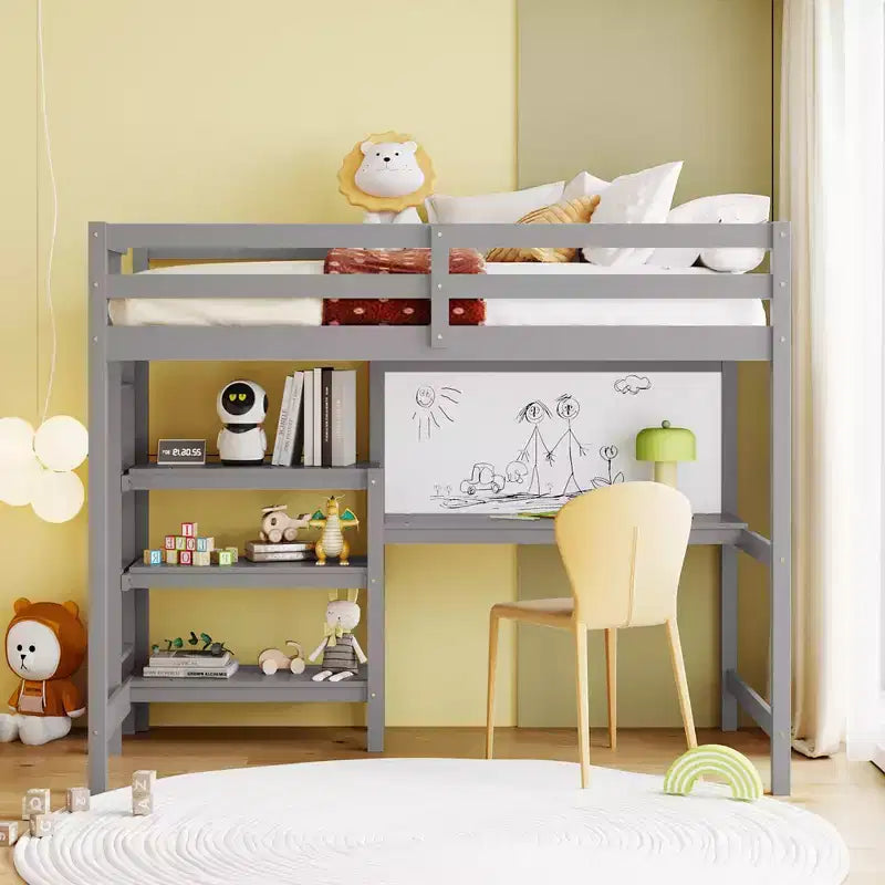 Lit mezzanine avec bureau et étagères, cadre de lit mezzanine en bois avec étagères de rangement et planche d'écriture