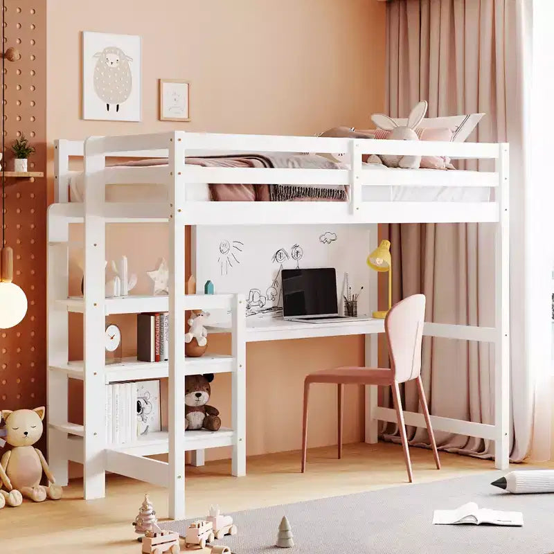 Lit mezzanine avec bureau et étagères, cadre de lit mezzanine en bois avec étagères de rangement et planche d'écriture