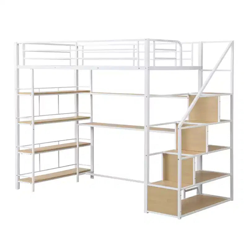 Lit mezzanine métallique pleine grandeur avec escalier de rangement et étagères à 3 niveaux, cadre de lit mezzanine en acier robuste avec bureau intégré pour chambre à coucher