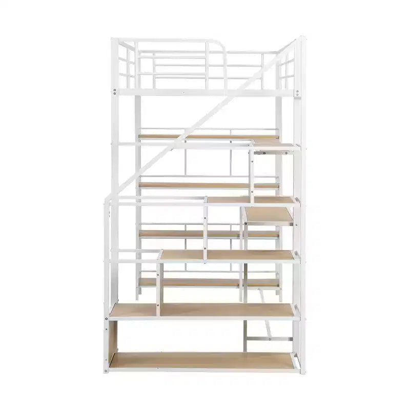 Lit mezzanine métallique pleine grandeur avec escalier de rangement et étagères à 3 niveaux, cadre de lit mezzanine en acier robuste avec bureau intégré pour chambre à coucher