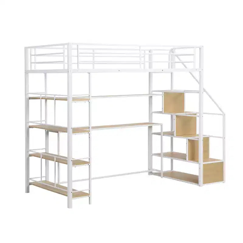 Lit mezzanine métallique pleine grandeur avec escalier de rangement et étagères à 3 niveaux, cadre de lit mezzanine en acier robuste avec bureau intégré pour chambre à coucher