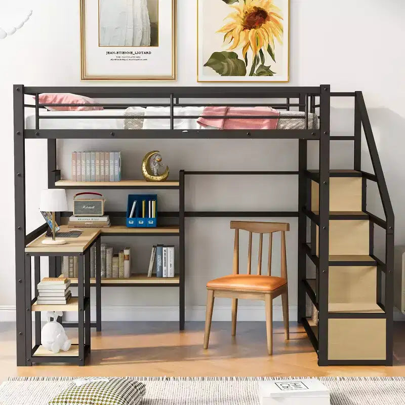 Lit mezzanine métallique pleine grandeur avec escalier de rangement et étagères à 3 niveaux, cadre de lit mezzanine en acier robuste avec bureau intégré pour chambre à coucher