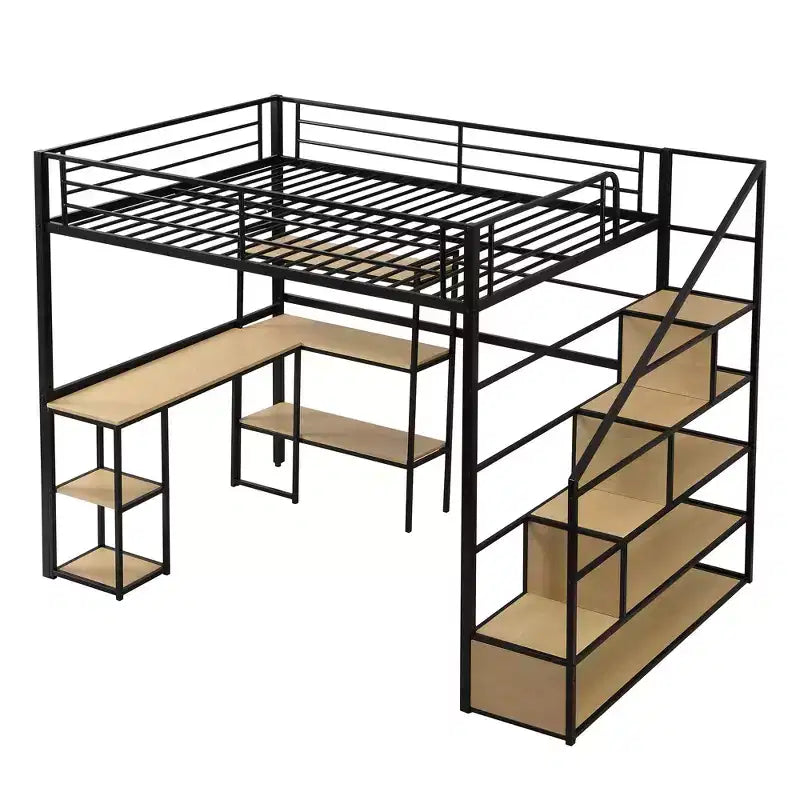 Lit mezzanine métallique pleine grandeur avec escalier de rangement et étagères à 3 niveaux, cadre de lit mezzanine en acier robuste avec bureau intégré pour chambre à coucher