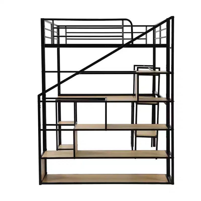 Lit mezzanine métallique pleine grandeur avec escalier de rangement et étagères à 3 niveaux, cadre de lit mezzanine en acier robuste avec bureau intégré pour chambre à coucher