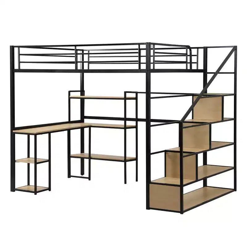 Lit mezzanine métallique pleine grandeur avec escalier de rangement et étagères à 3 niveaux, cadre de lit mezzanine en acier robuste avec bureau intégré pour chambre à coucher