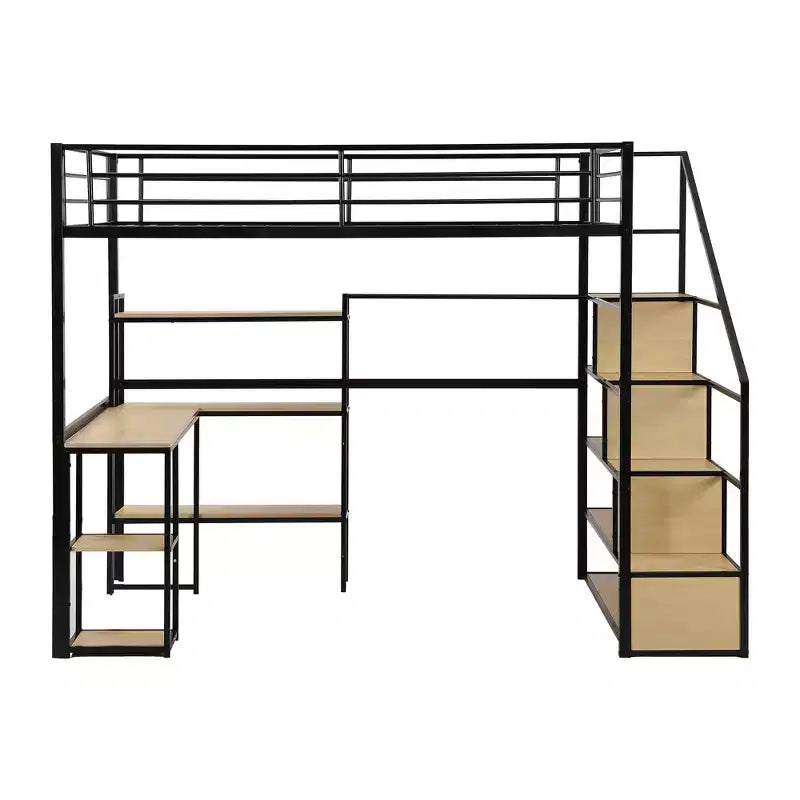 Lit mezzanine métallique pleine grandeur avec escalier de rangement et étagères à 3 niveaux, cadre de lit mezzanine en acier robuste avec bureau intégré pour chambre à coucher