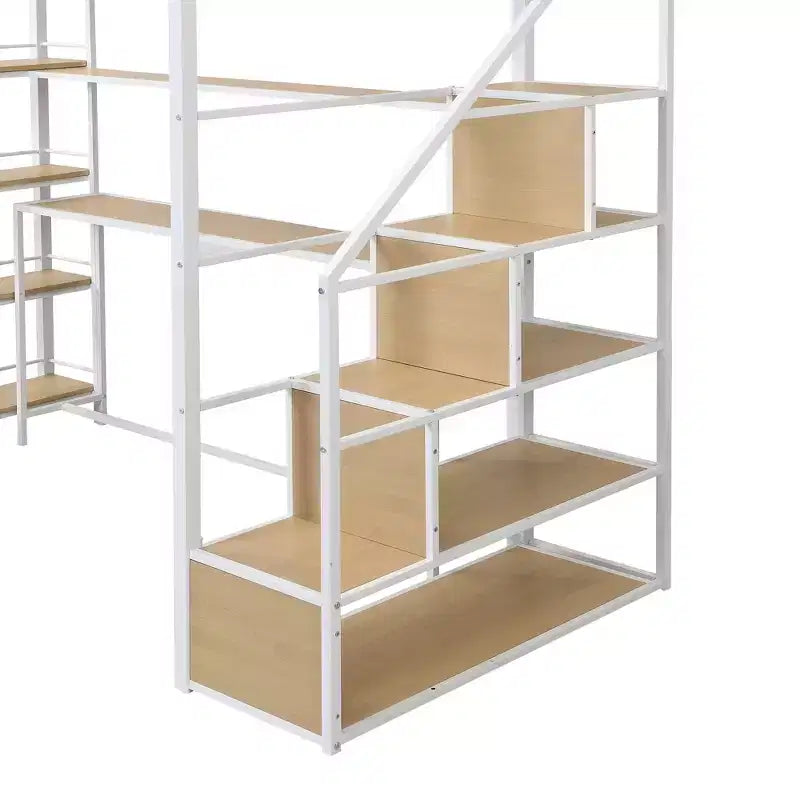 Lit mezzanine métallique pleine grandeur avec escalier de rangement et étagères à 3 niveaux, cadre de lit mezzanine en acier robuste avec bureau intégré pour chambre à coucher