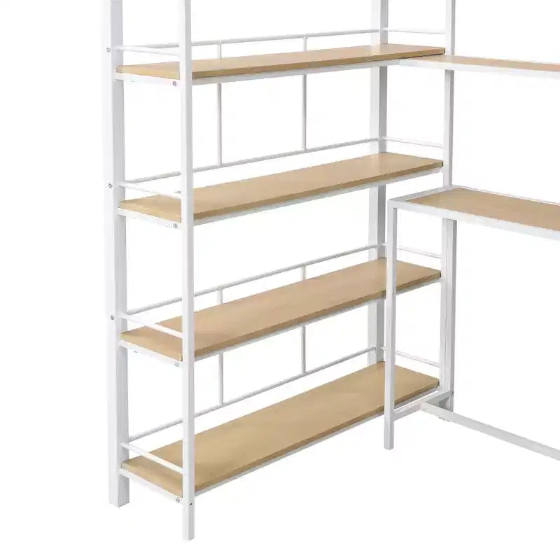 Lit mezzanine métallique pleine grandeur avec escalier de rangement et étagères à 3 niveaux, cadre de lit mezzanine en acier robuste avec bureau intégré pour chambre à coucher