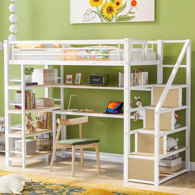Full Size Metal Loft Bed with Storage Staircase and 3-Tier Shelves, Heavy-Duty Steel Loft Bed Frame w/Built-in Desk for Bedroom