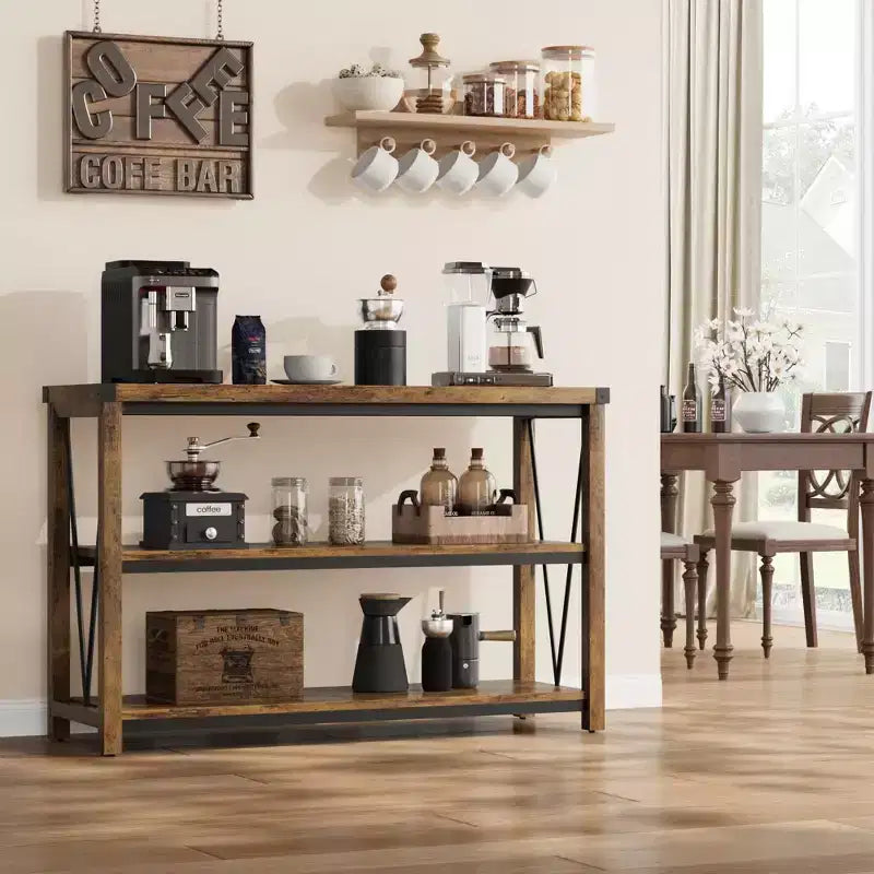 Coolmee Farmhouse Console Table, Table console étroite de 47 pouces avec rangement, Tables console en bois à 3 niveaux pour salon, couloir, entrée