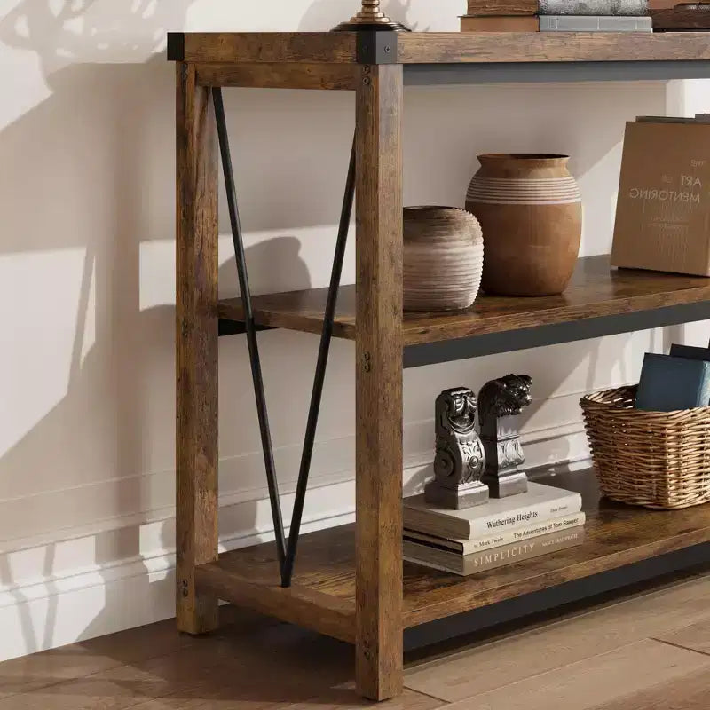 Coolmee Farmhouse Console Table, Table console étroite de 47 pouces avec rangement, Tables console en bois à 3 niveaux pour salon, couloir, entrée