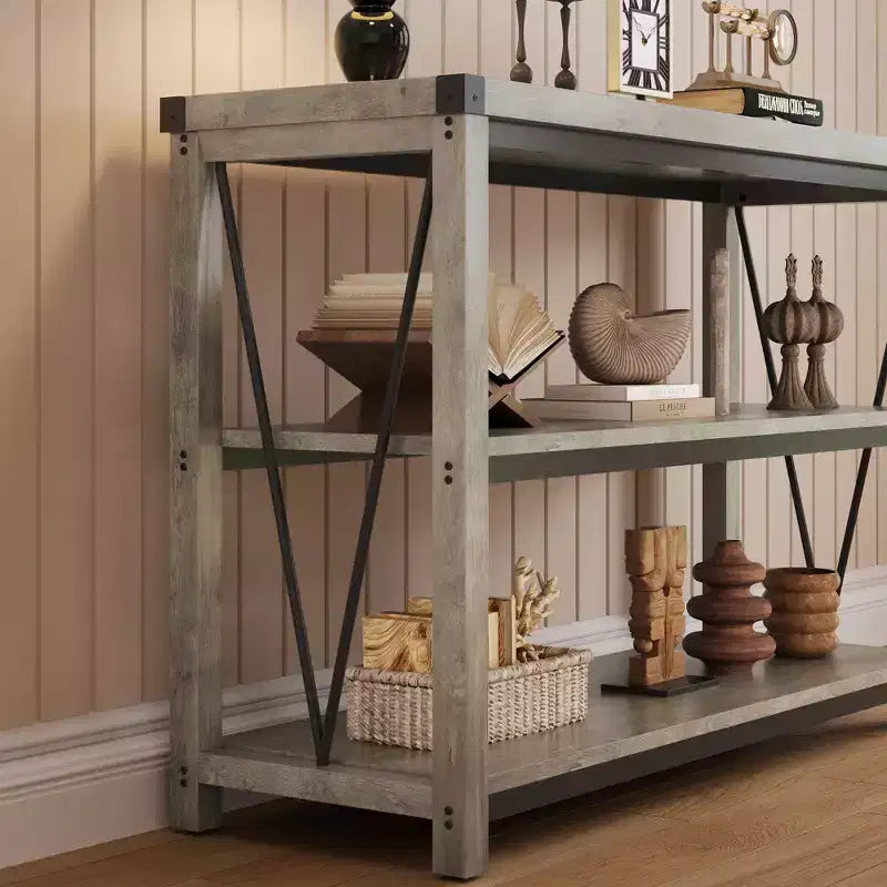 Coolmee Farmhouse Console Table, Table console étroite de 47 pouces avec rangement, Tables console en bois à 3 niveaux pour salon, couloir, entrée