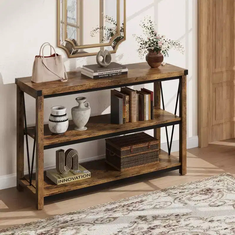 Coolmee Farmhouse Console Table, Table console étroite de 47 pouces avec rangement, Tables console en bois à 3 niveaux pour salon, couloir, entrée