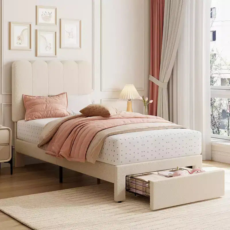 Ensemble de 2 lits jumeaux avec tiroir de rangement, lit plateforme rembourré avec tête de lit ondulée, lattes en bois, pas besoin de sommier.