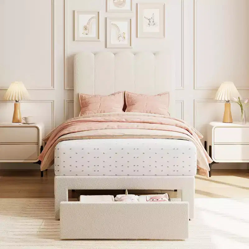 Ensemble de 2 lits jumeaux avec tiroir de rangement, lit plateforme rembourré avec tête de lit ondulée, lattes en bois, pas besoin de sommier.