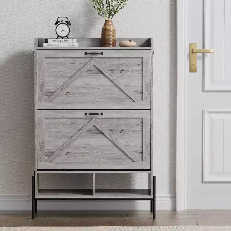 Meuble à chaussures à 2 tiroirs, organiseur de chaussures mince et peu encombrant avec rangement dissimulé, étagère d'entrée en bois pour couloir, design étroit et autonome