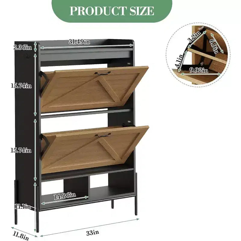 Meuble à chaussures à 2 tiroirs, organiseur de chaussures mince et peu encombrant avec rangement dissimulé, étagère d'entrée en bois pour couloir, design étroit et autonome