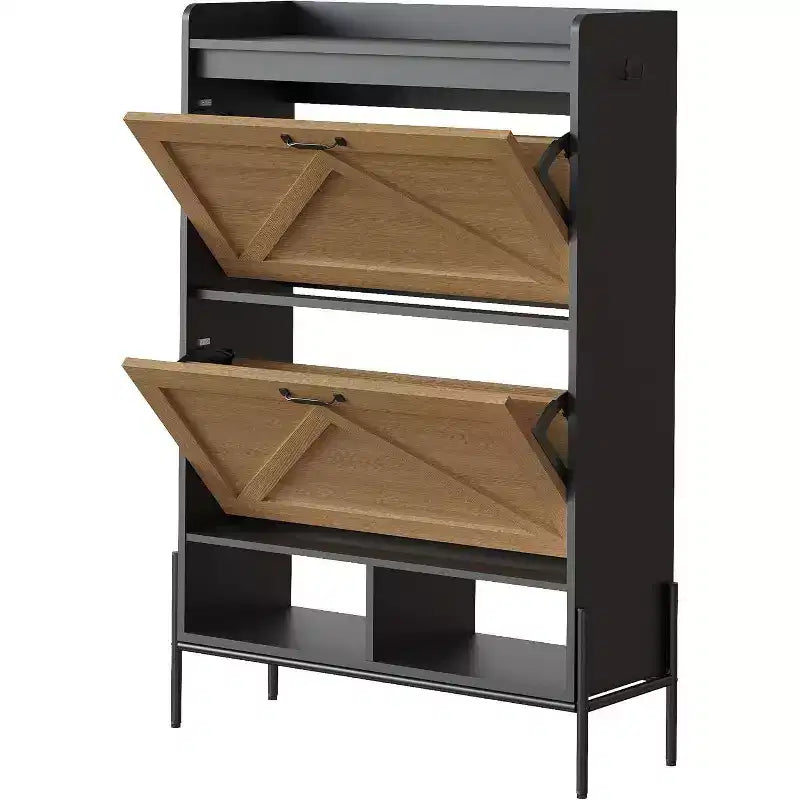 Meuble à chaussures à 2 tiroirs, organiseur de chaussures mince et peu encombrant avec rangement dissimulé, étagère d'entrée en bois pour couloir, design étroit et autonome