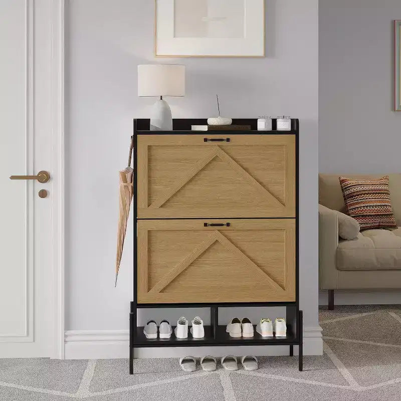 2-Drawer Shoe Cabinet, Slim Space-Saving Shoe Organizer with Hidden Storage, Wooden Entryway Shelf for Hallway, Freestanding Narrow Design