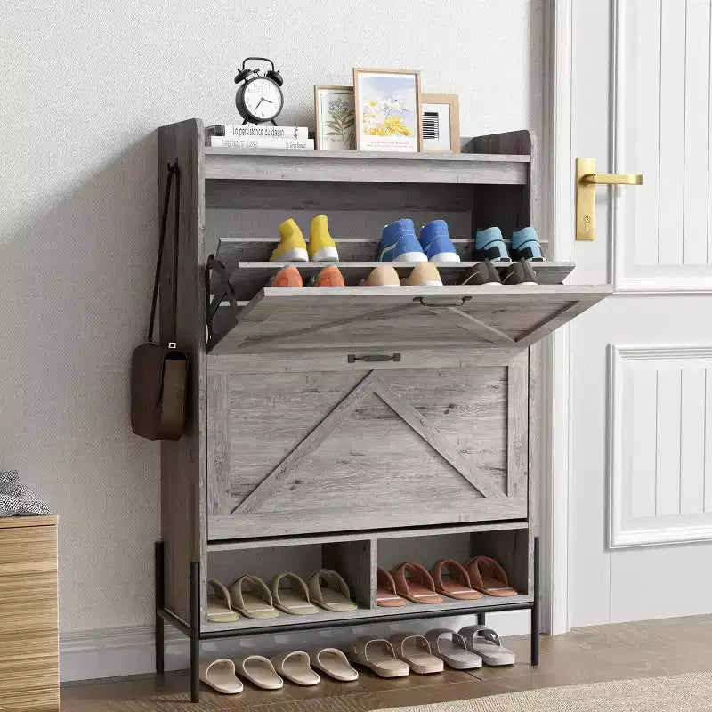 Meuble à chaussures à 2 tiroirs, organiseur de chaussures mince et peu encombrant avec rangement dissimulé, étagère d'entrée en bois pour couloir, design étroit et autonome
