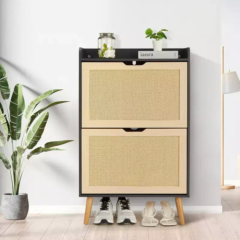 Shoe Storage Cabinet with 2 Drawers, Rattan Shoe Organizer Cabinet, Slim Entryway Hidden Shoe Rack for Living Room Bedroom Hallway
