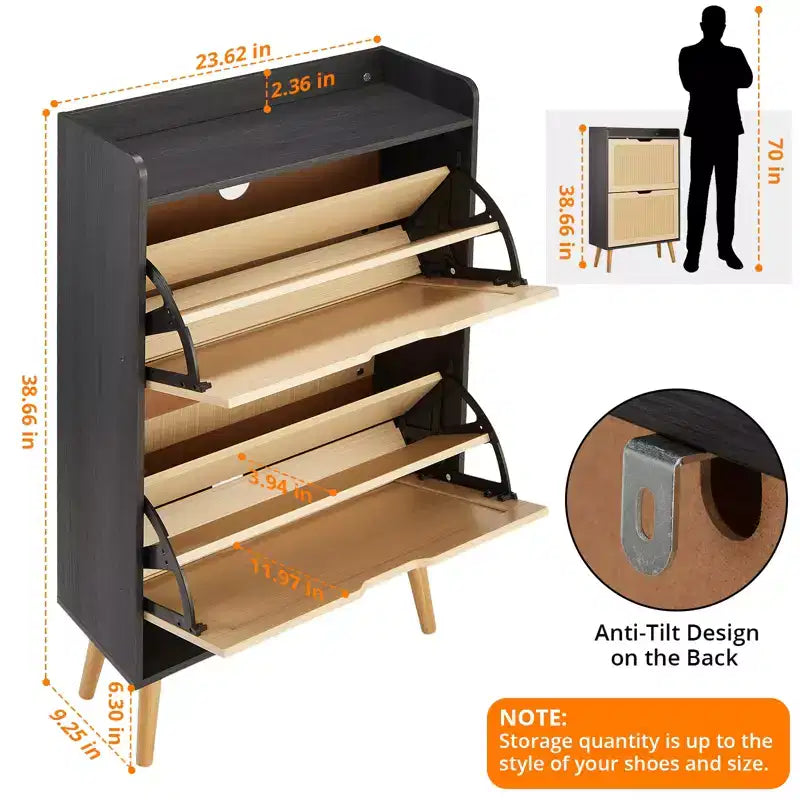 Meuble de rangement pour chaussures avec 2 tiroirs, meuble à chaussures en rotin, meuble à chaussures fin et dissimulé pour salon, chambre et couloir