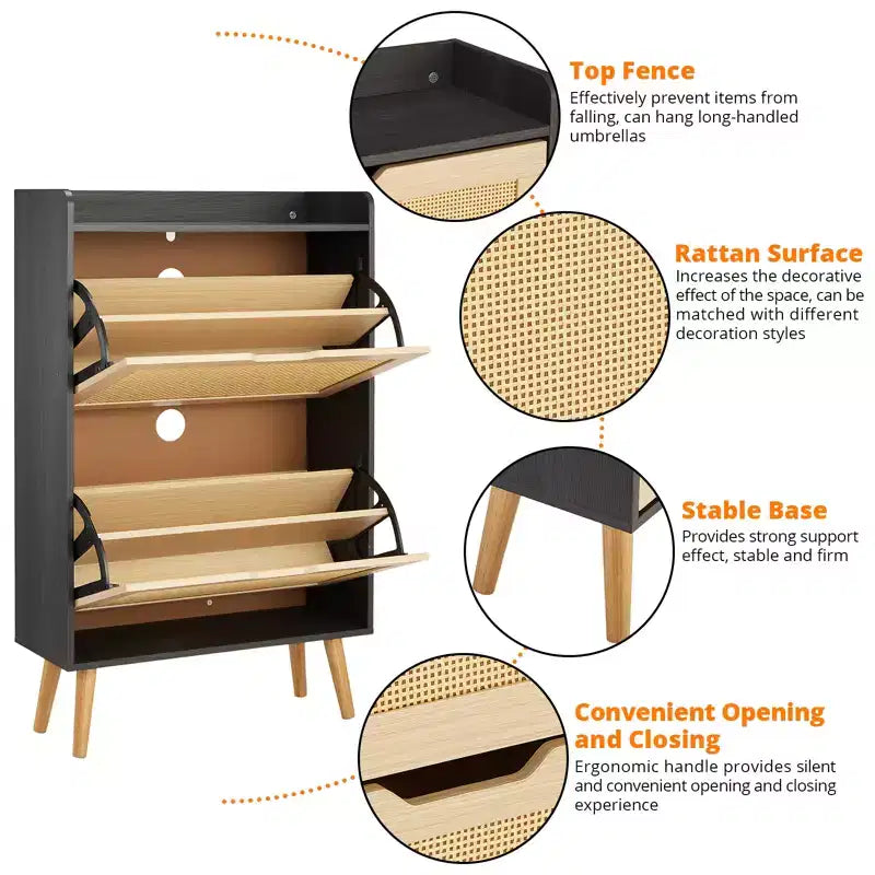 Meuble de rangement pour chaussures avec 2 tiroirs, meuble à chaussures en rotin, meuble à chaussures fin et dissimulé pour salon, chambre et couloir