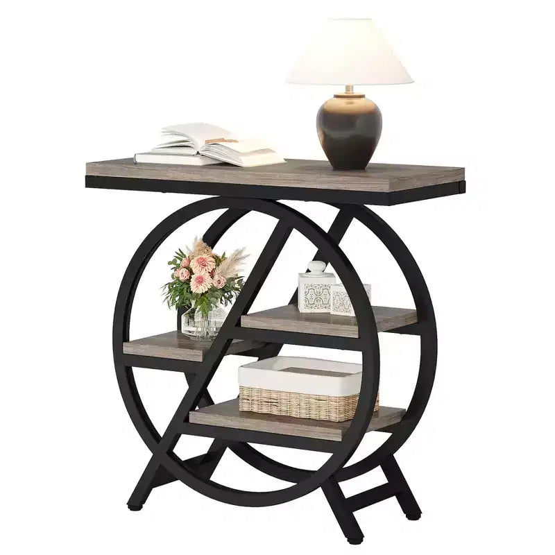Okak Industrial Table d'appoint ronde à 4 niveaux en métal, petite table de chevet rustique, table de canapé derrière le canapé pour le couloir, le salon